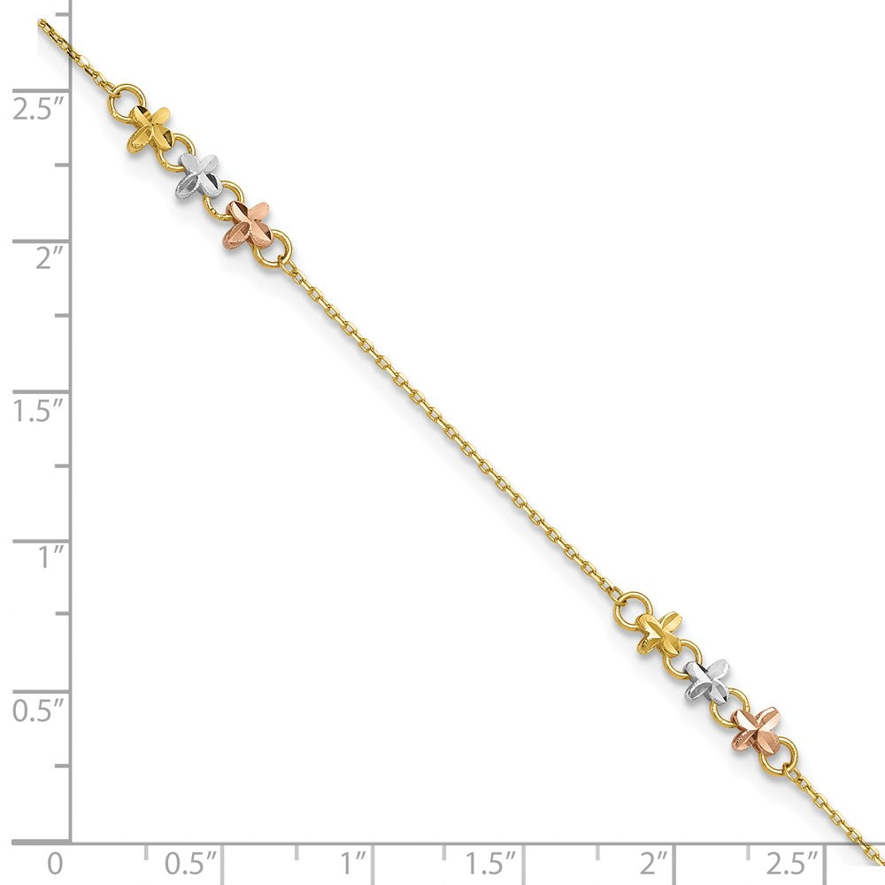 14K Two-tone with White Rhodium 3-Station Flowers 9 inch with 1 inch Extender Anklet