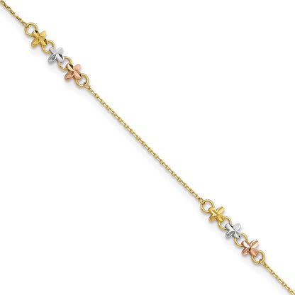 14K Two-tone with White Rhodium 3-Station Flowers 9 inch with 1 inch Extender Anklet