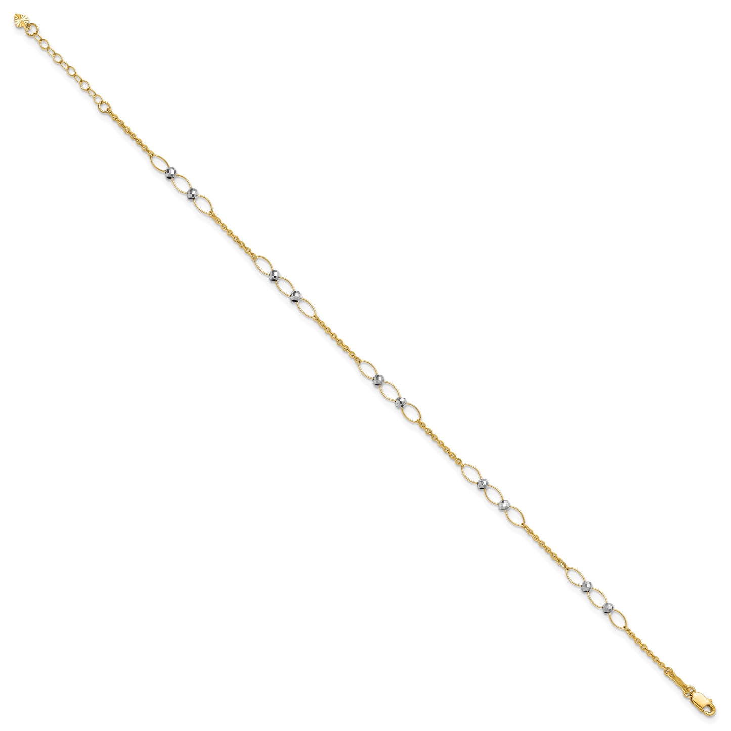 14k Two-tone Oval Links and Mirror Beads 9 inch Plus 1 inch Extender - Total 10 inch Anklet