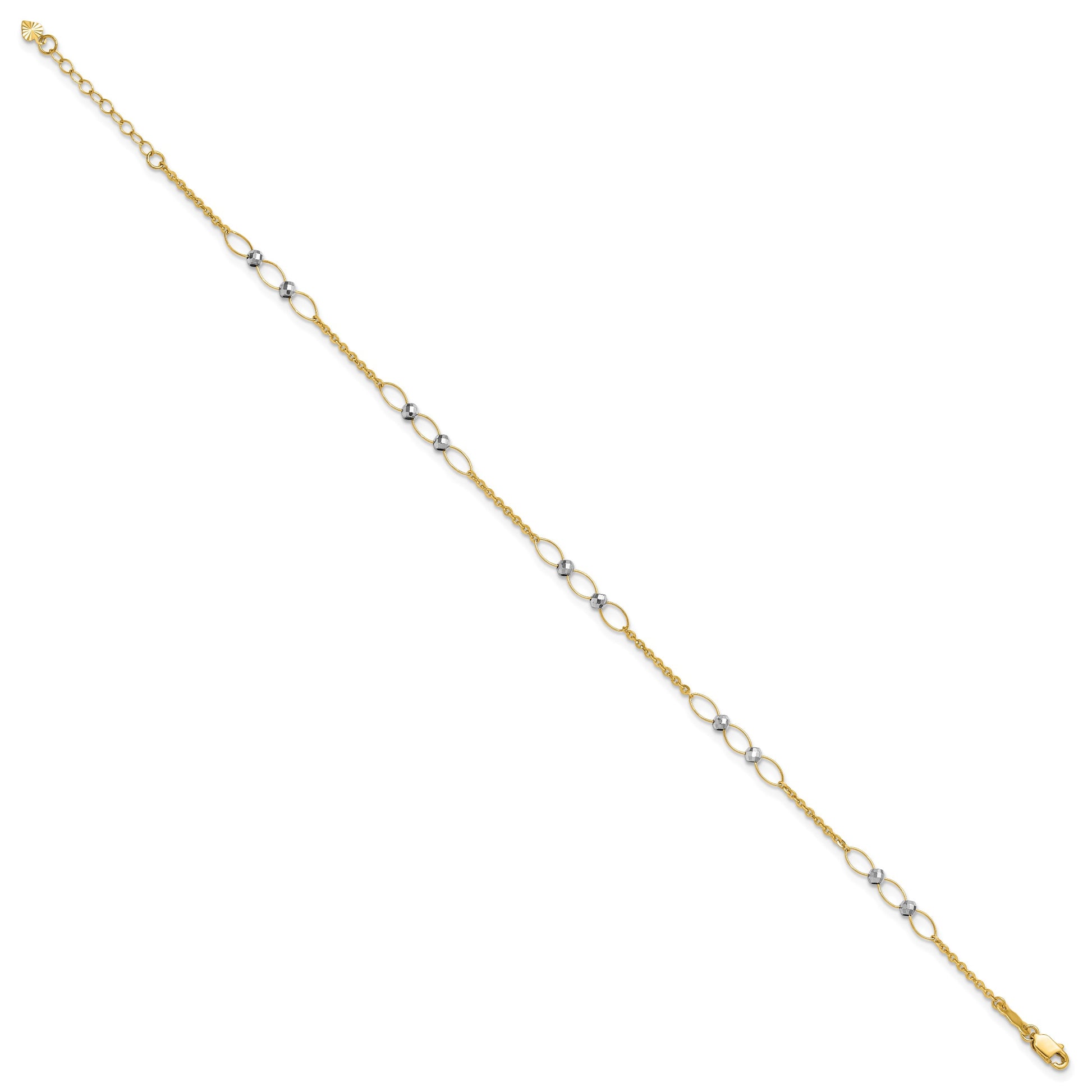 14k Two-tone Oval Links and Mirror Beads 9 inch Plus 1 inch Extender - Total 10 inch Anklet