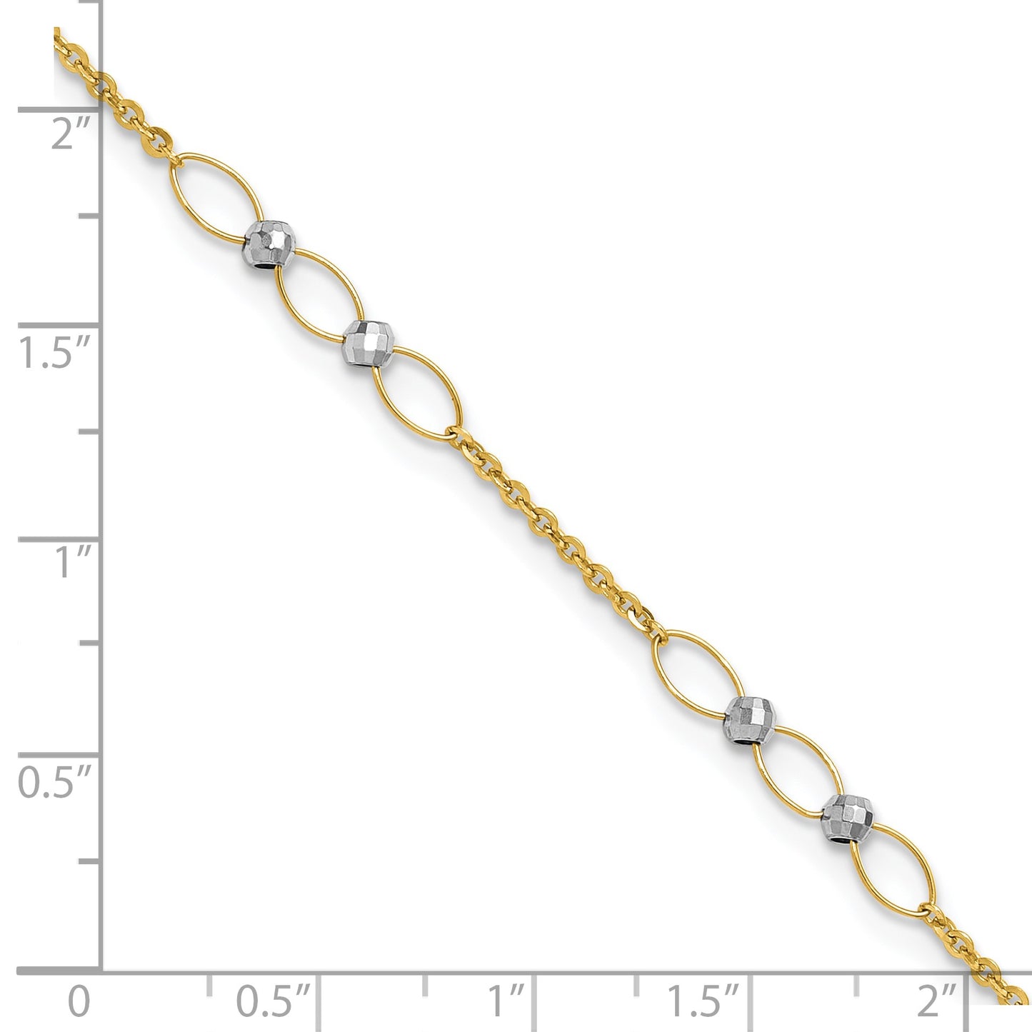 14k Two-tone Oval Links and Mirror Beads 9 inch Plus 1 inch Extender - Total 10 inch Anklet