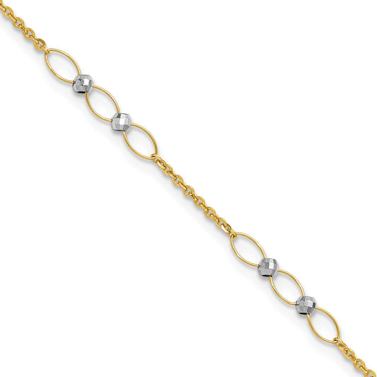 14k Two-tone Oval Links and Mirror Beads 9 inch Plus 1 inch Extender - Total 10 inch Anklet