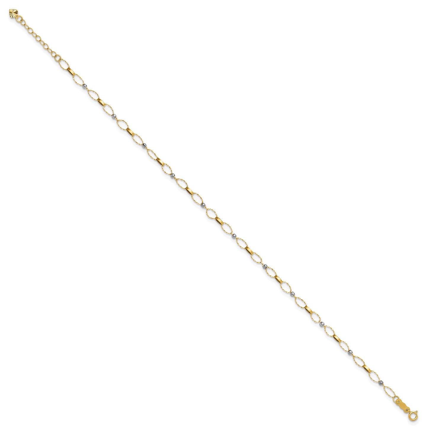 14k Two-tone Twisted Links and Mirror Beads 9 inch Plus 1 inch Extender - Total 10 inch Anklet