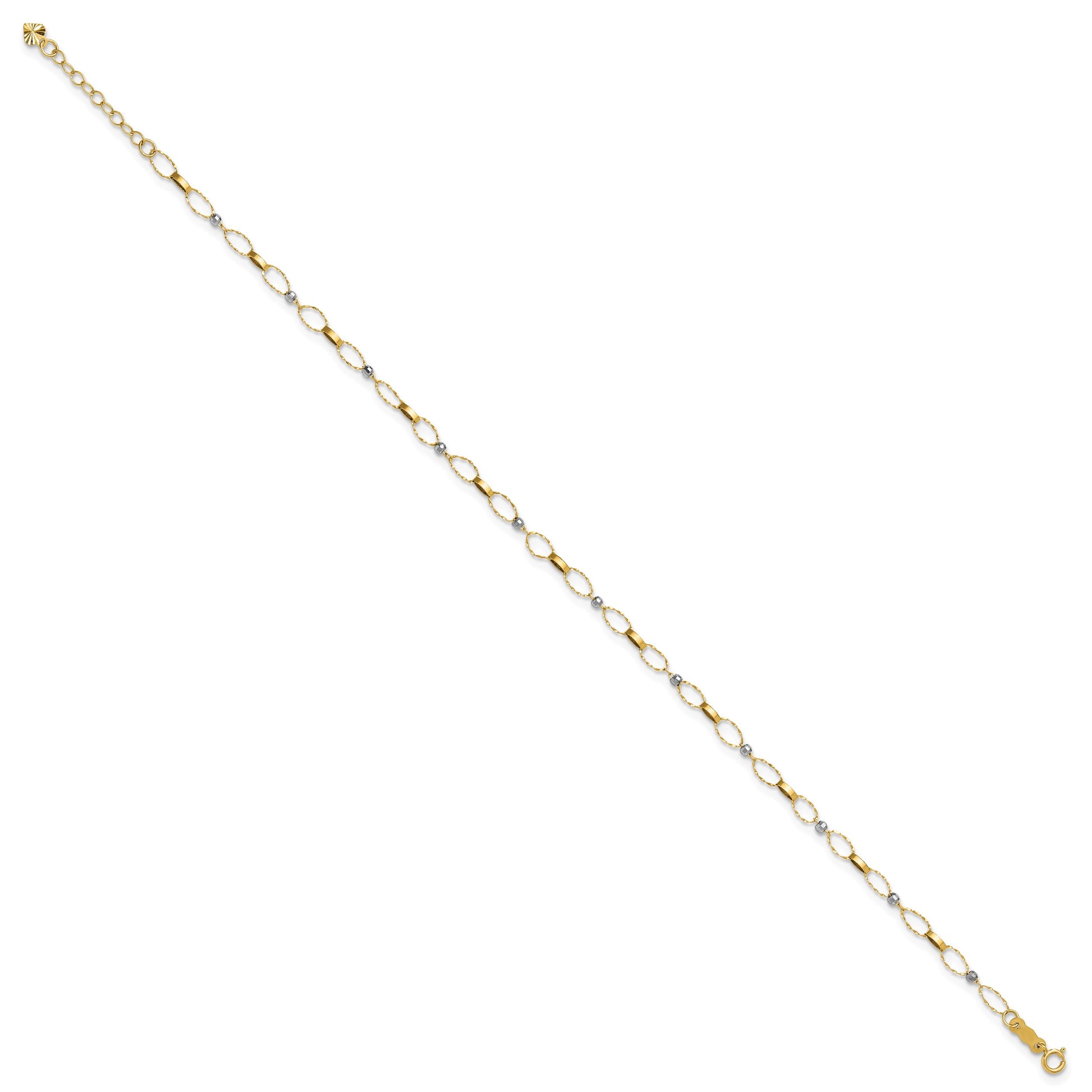 14k Two-tone Twisted Links and Mirror Beads 9 inch Plus 1 inch Extender - Total 10 inch Anklet