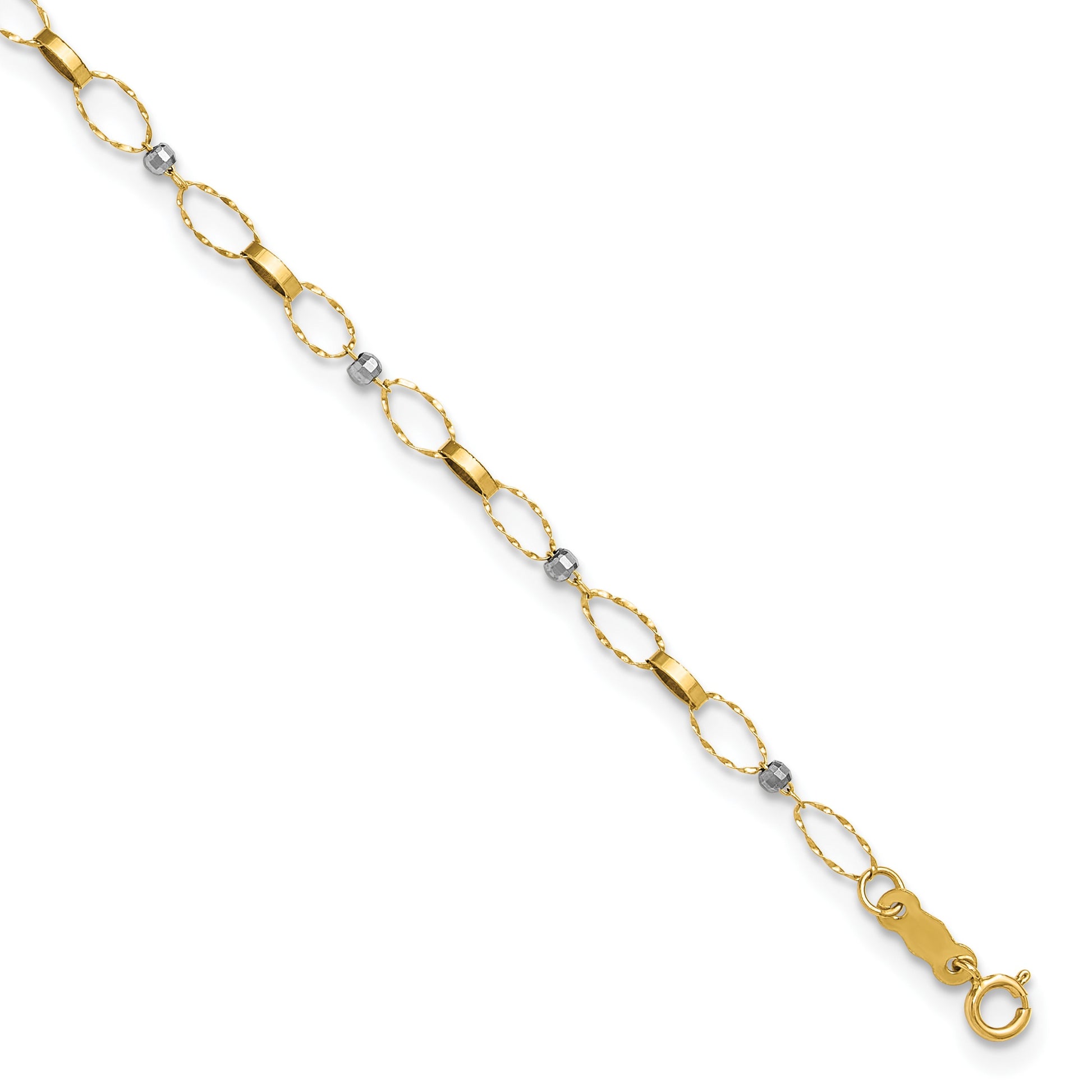 14k Two-tone Twisted Links and Mirror Beads 9 inch Plus 1 inch Extender - Total 10 inch Anklet