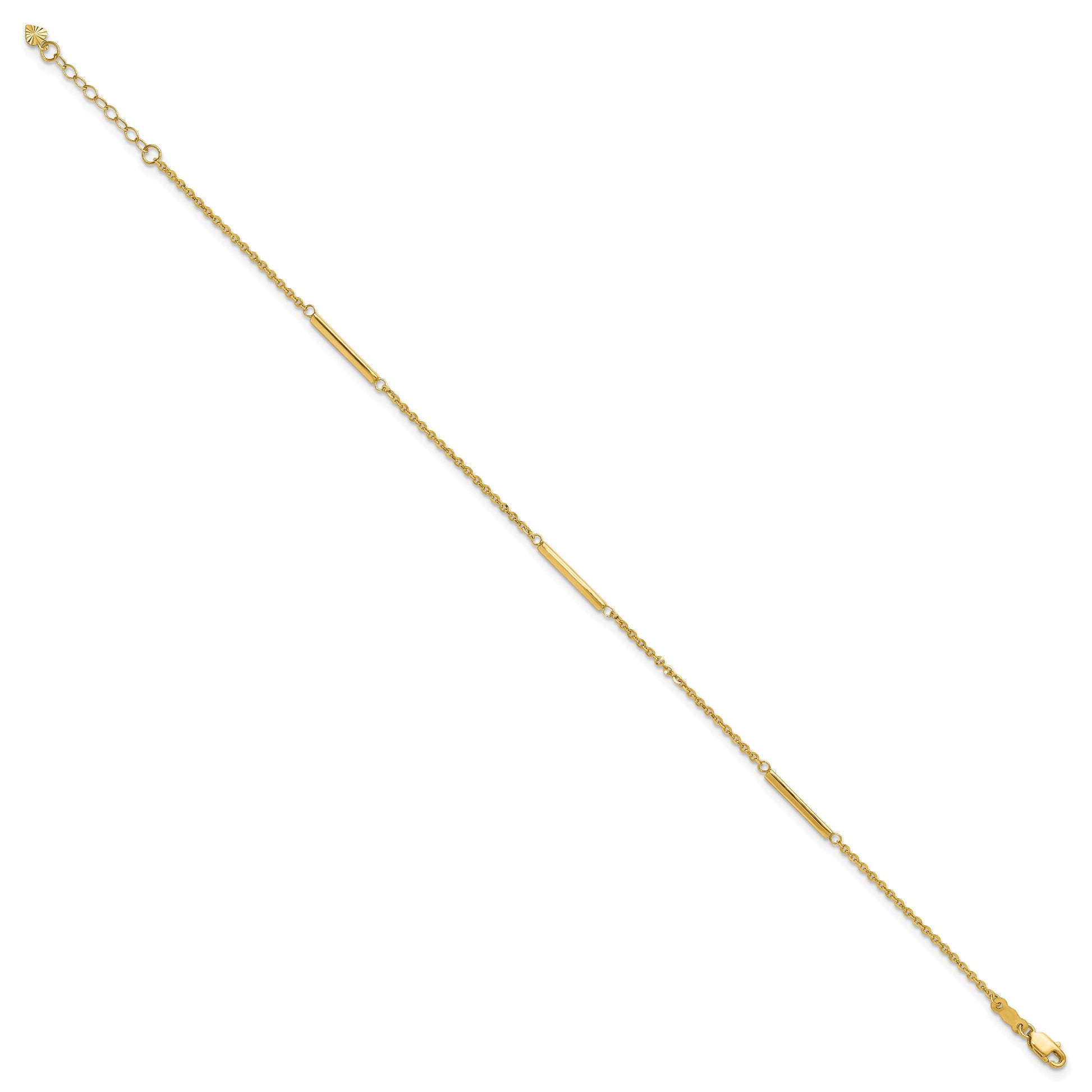 14k Cable Chain and Bar 3-Station 9 inch Plus 1 inch Extender - Total 10 inch Anklet