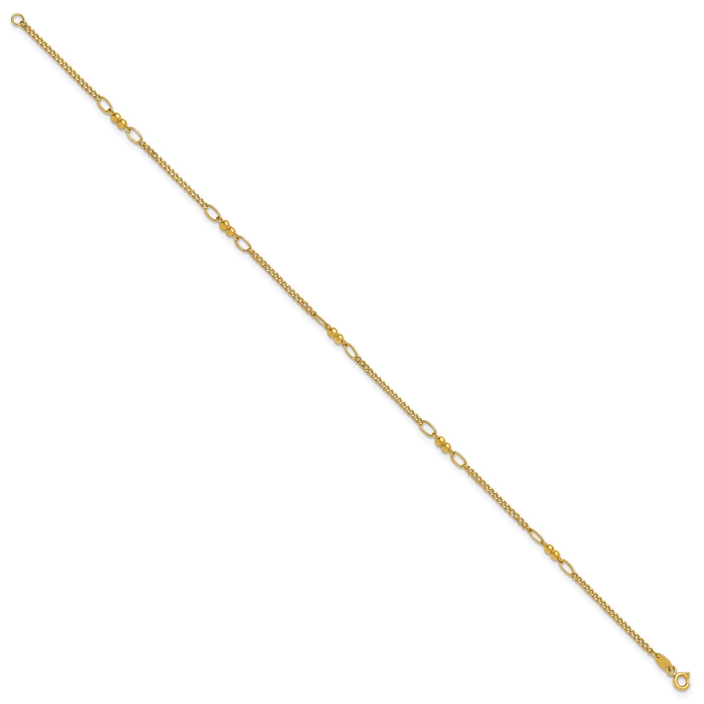 14K Polished and Diamond-cut 5-Station Beaded Mixed Link 10 inch Anklet