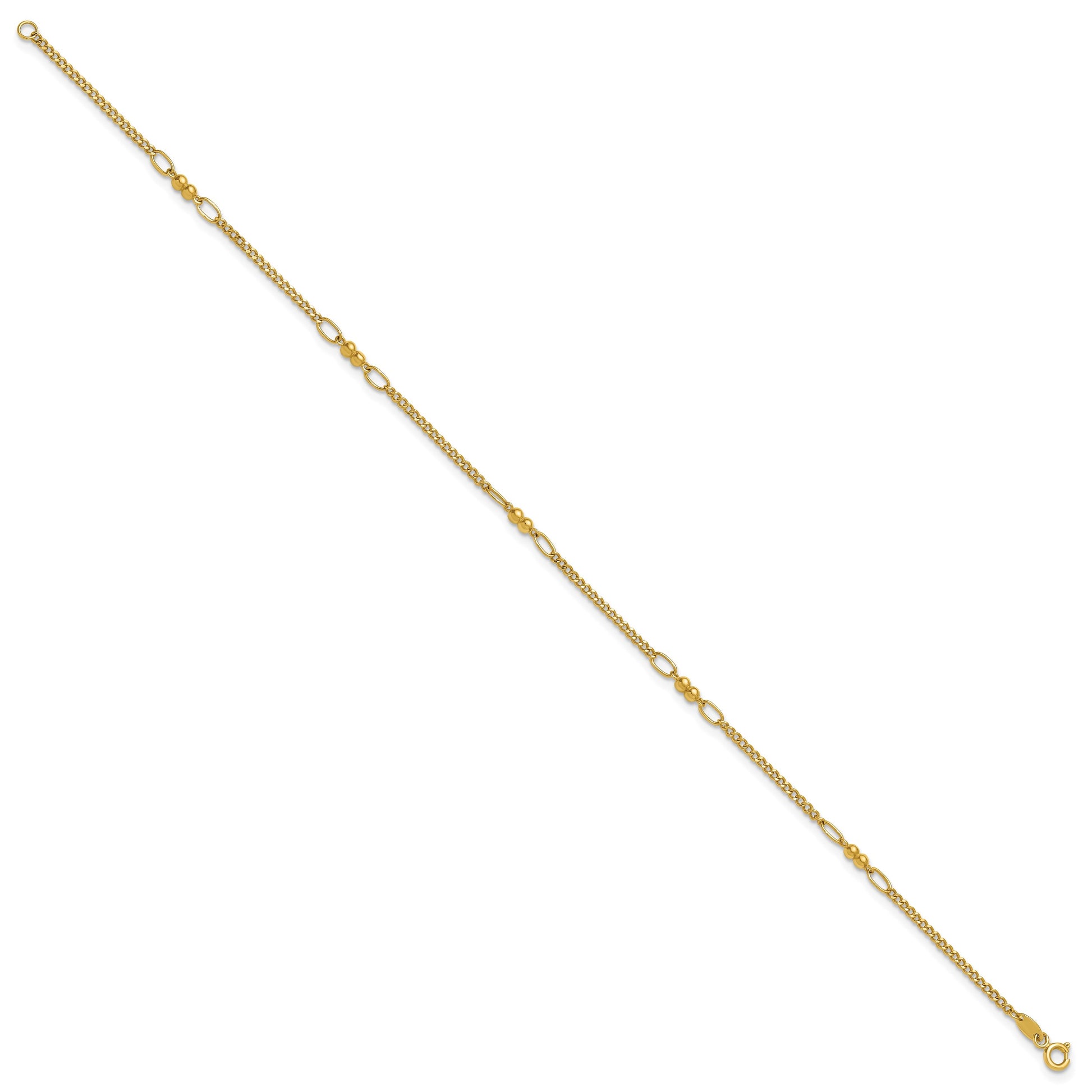 14K Polished and Diamond-cut 5-Station Beaded Mixed Link 10 inch Anklet