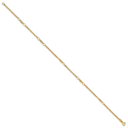 14K Polished and Diamond-cut 5-Station Beaded Mixed Link 10 inch Anklet