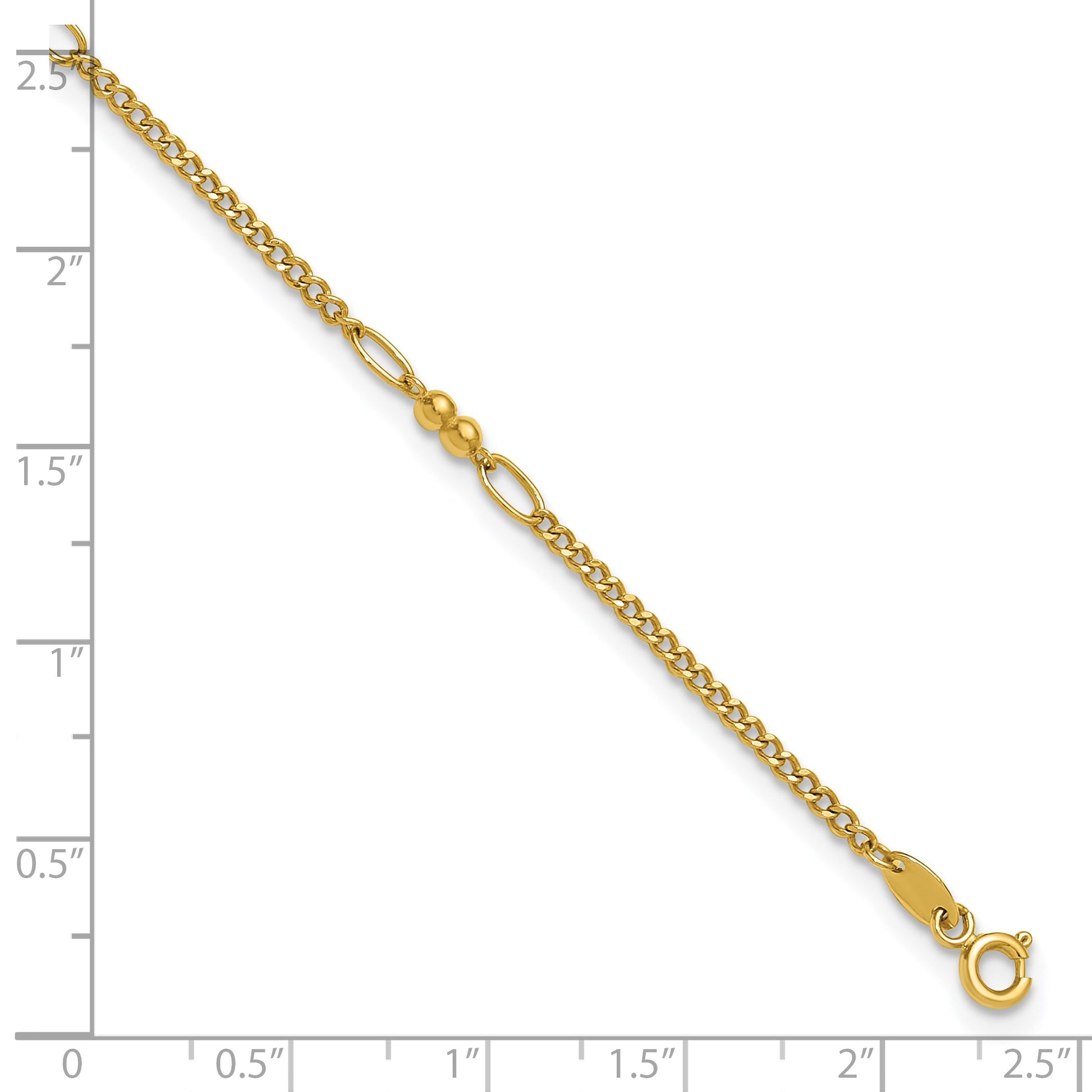 14K Polished and Diamond-cut 5-Station Beaded Mixed Link 10 inch Anklet