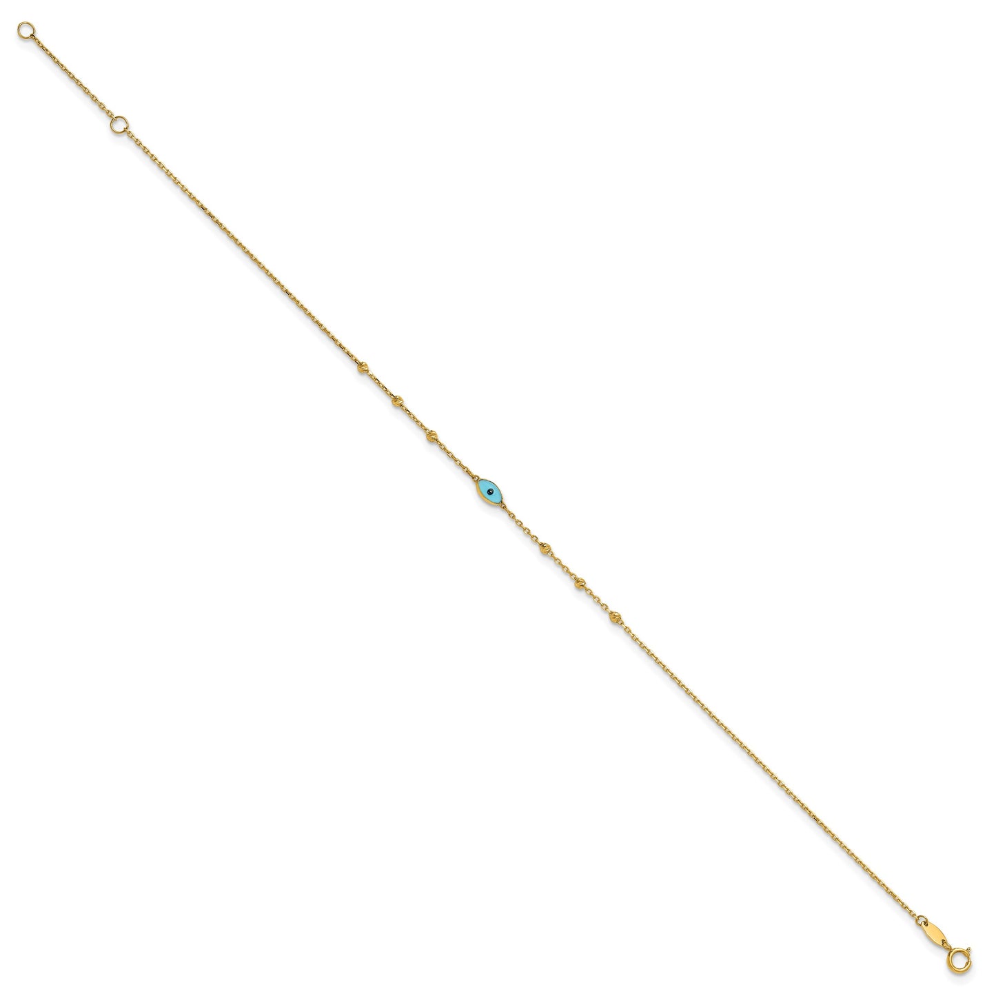 14k Diamond-cut Bead Stations Blue Glass Evil Eye 9 inch Plus 1 inch Extender - Total 10 inch Anklet