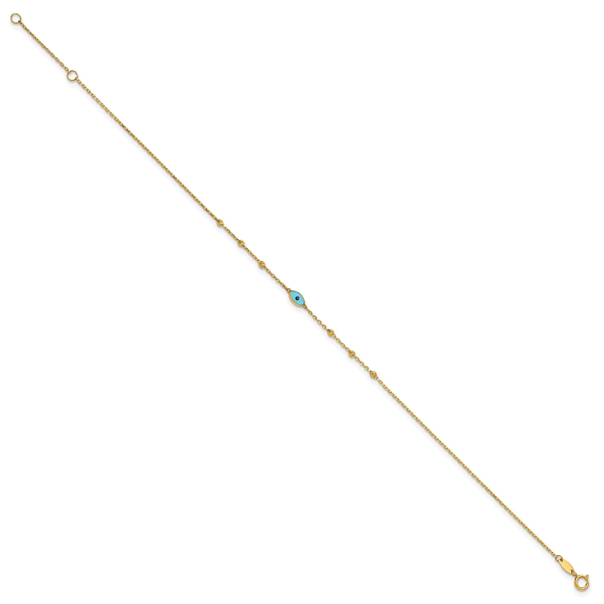 14k Diamond-cut Bead Stations Blue Glass Evil Eye 9 inch Plus 1 inch Extender - Total 10 inch Anklet