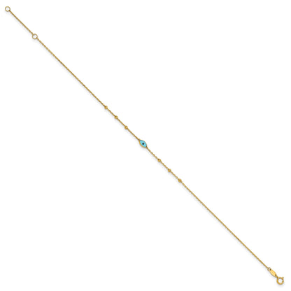 14k Diamond-cut Bead Stations Blue Glass Evil Eye 9 inch Plus 1 inch Extender - Total 10 inch Anklet