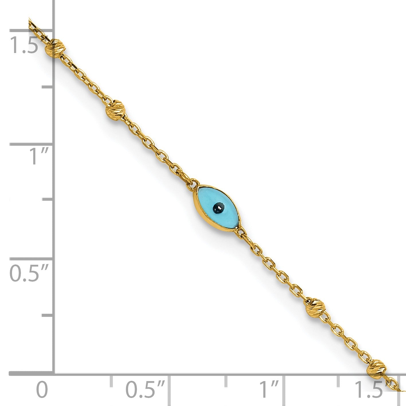 14k Diamond-cut Bead Stations Blue Glass Evil Eye 9 inch Plus 1 inch Extender - Total 10 inch Anklet