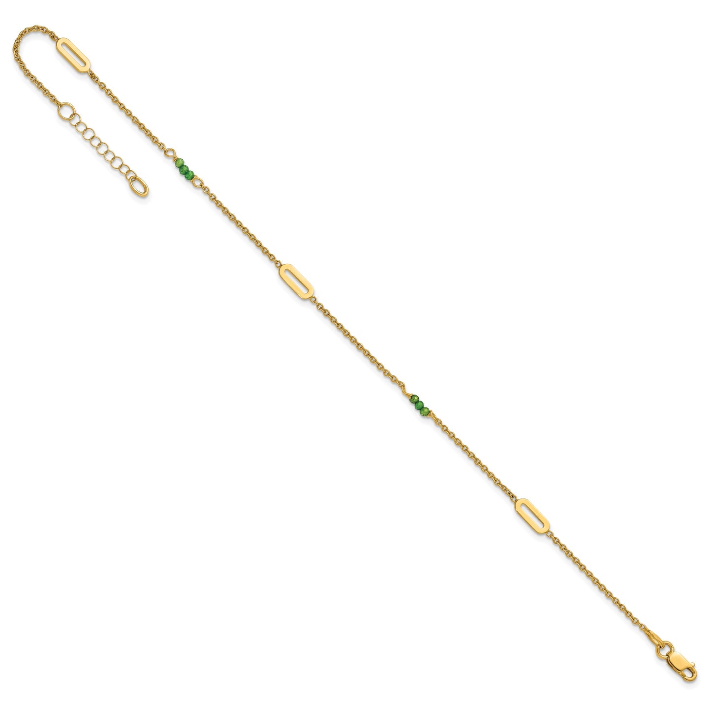 14k Polished Green Zircon Beads and Ovals 9 inch Plus 1 inch Extender - Total 10 inch Anklet