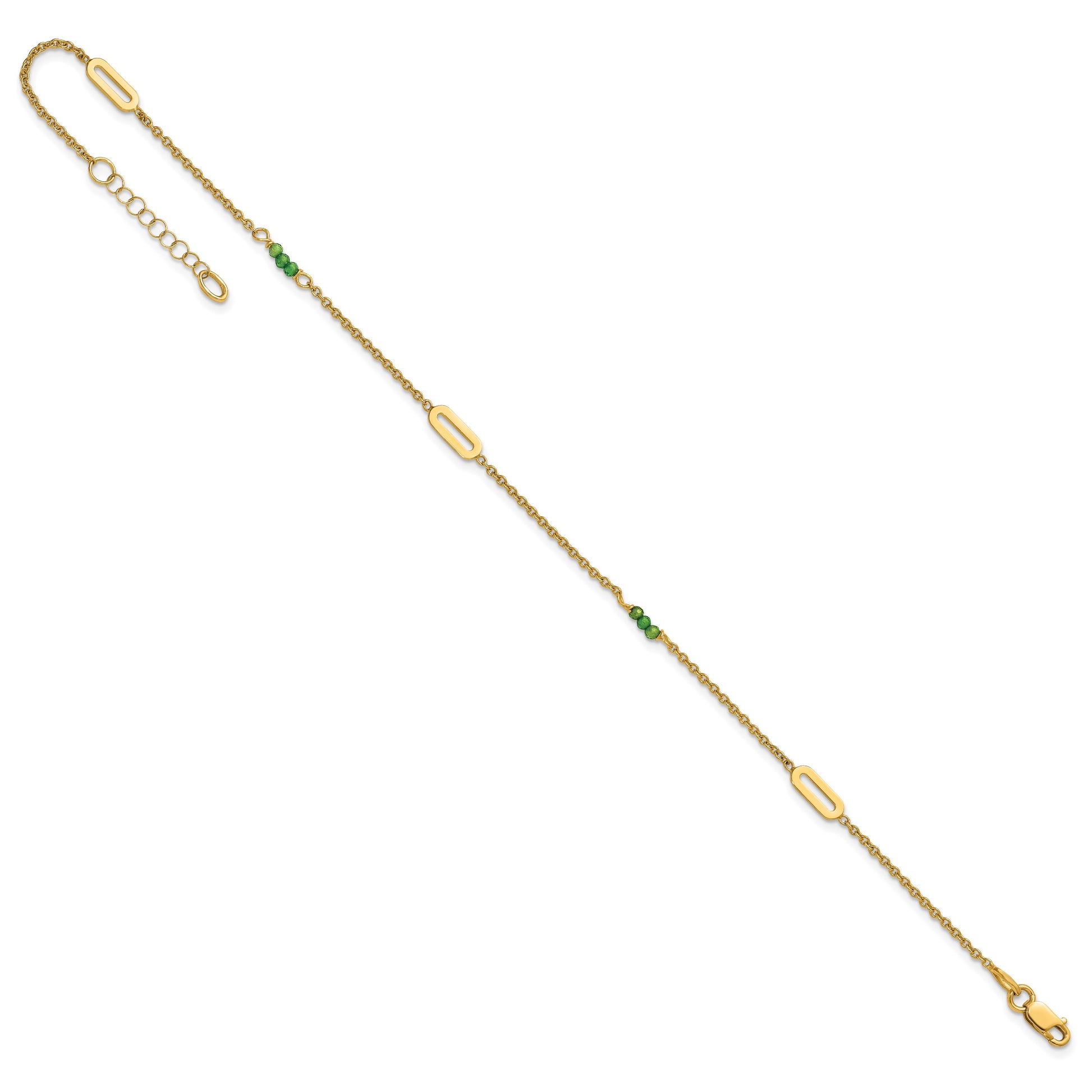 14k Polished Green Zircon Beads and Ovals 9 inch Plus 1 inch Extender - Total 10 inch Anklet