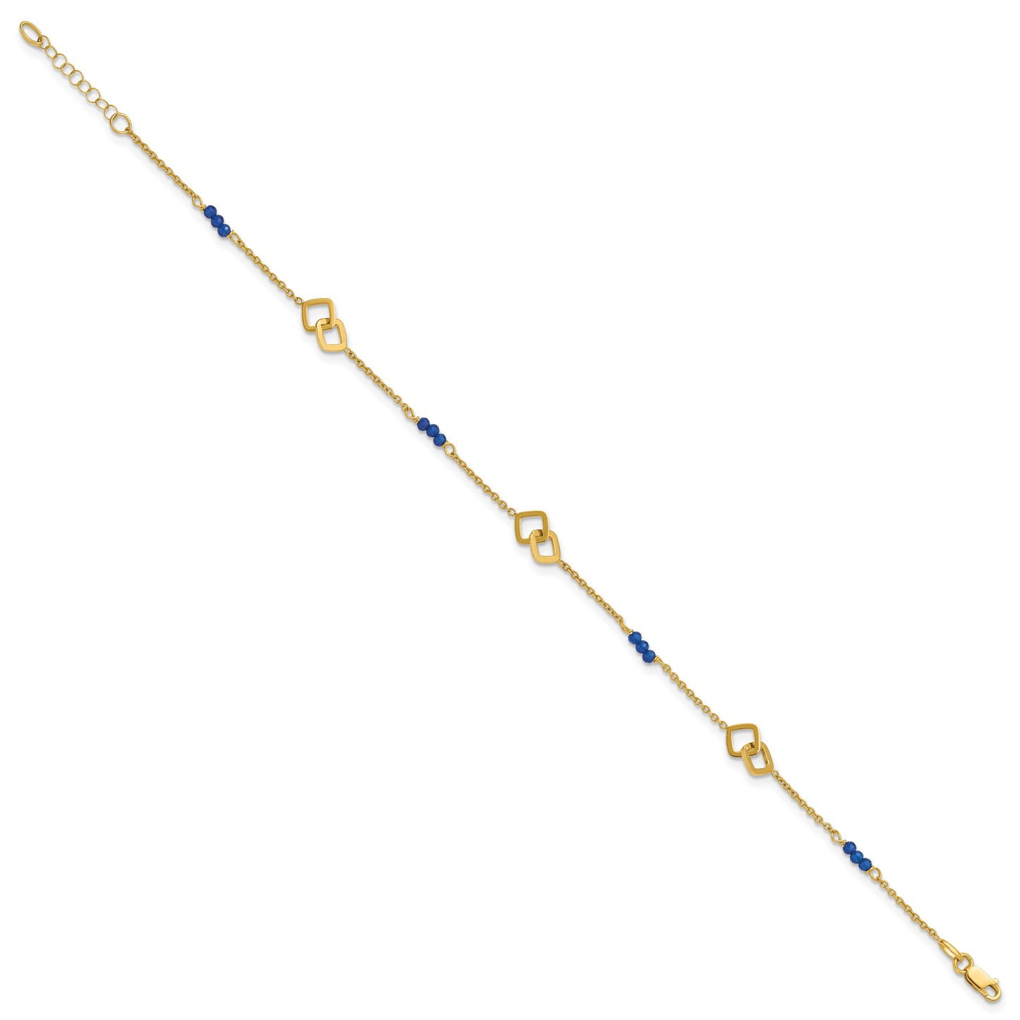 14k Polished Blue Spinel Beads and Squares 9 inch Plus 1 inch Extender - Total 10 inch Anklet