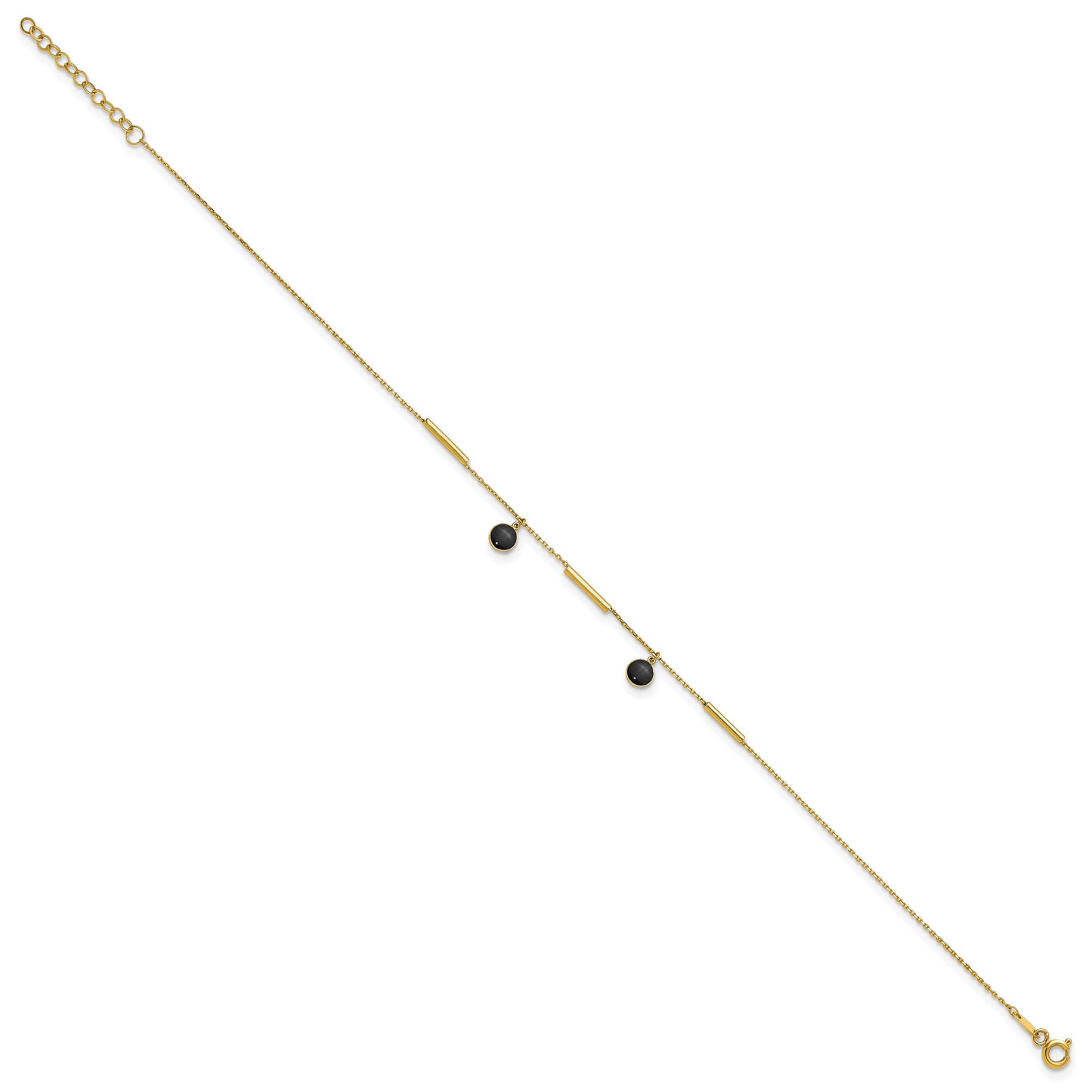14K Polished Round Onyx Dangles and Bars 9 inch Plus 1 inch Extender - Total 10 inch Anklet