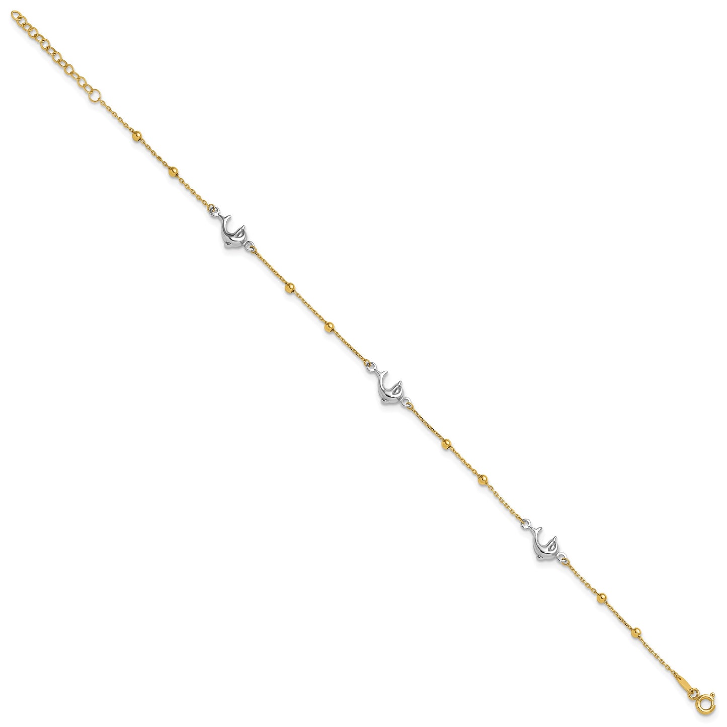 14K Two-tone Beads and Three Dolphins 9 inch Plus 1 inch Extender - Total 10 inch Anklet