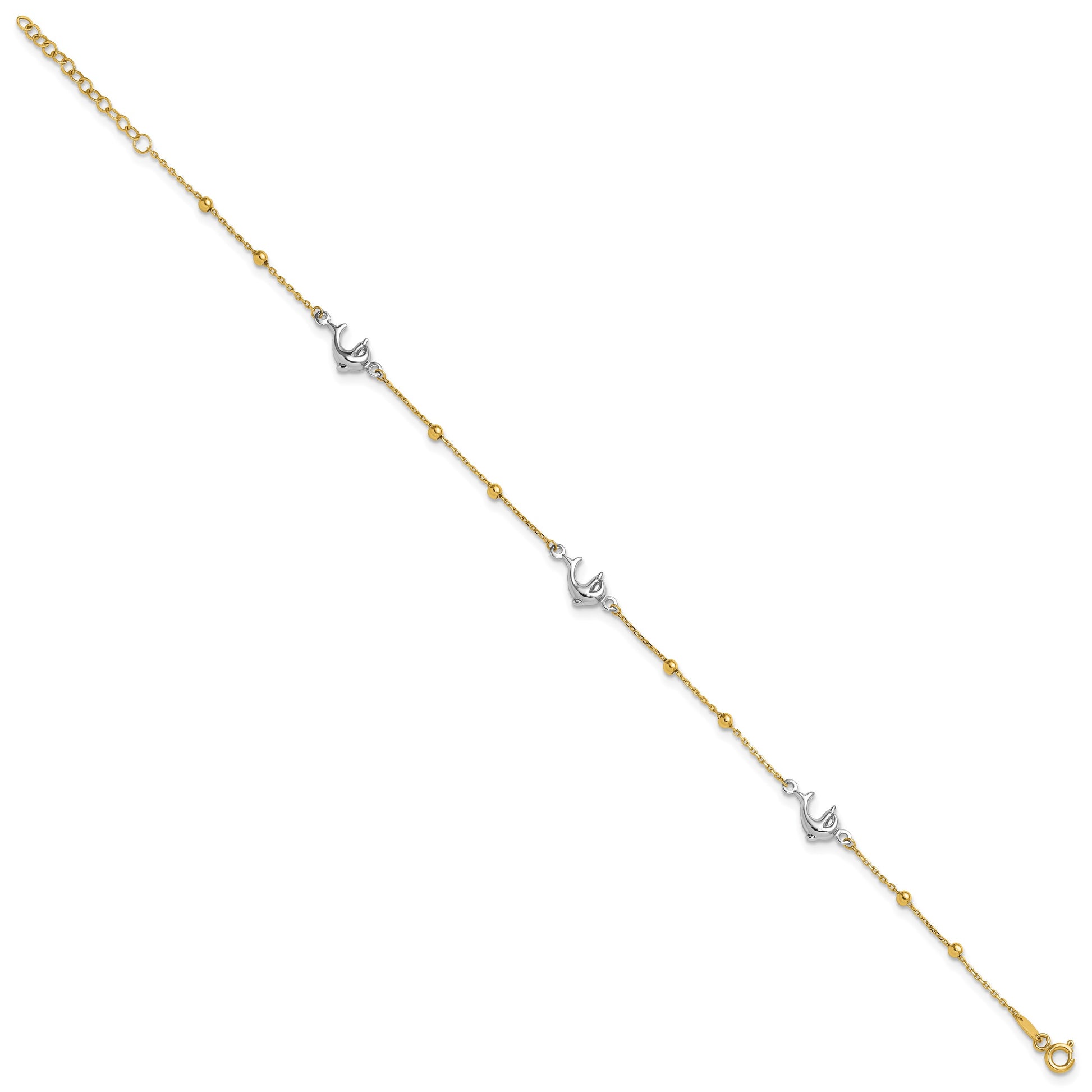 14K Two-tone Beads and Three Dolphins 9 inch Plus 1 inch Extender - Total 10 inch Anklet