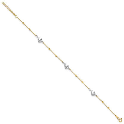 14K Two-tone Beads and Three Dolphins 9 inch Plus 1 inch Extender - Total 10 inch Anklet
