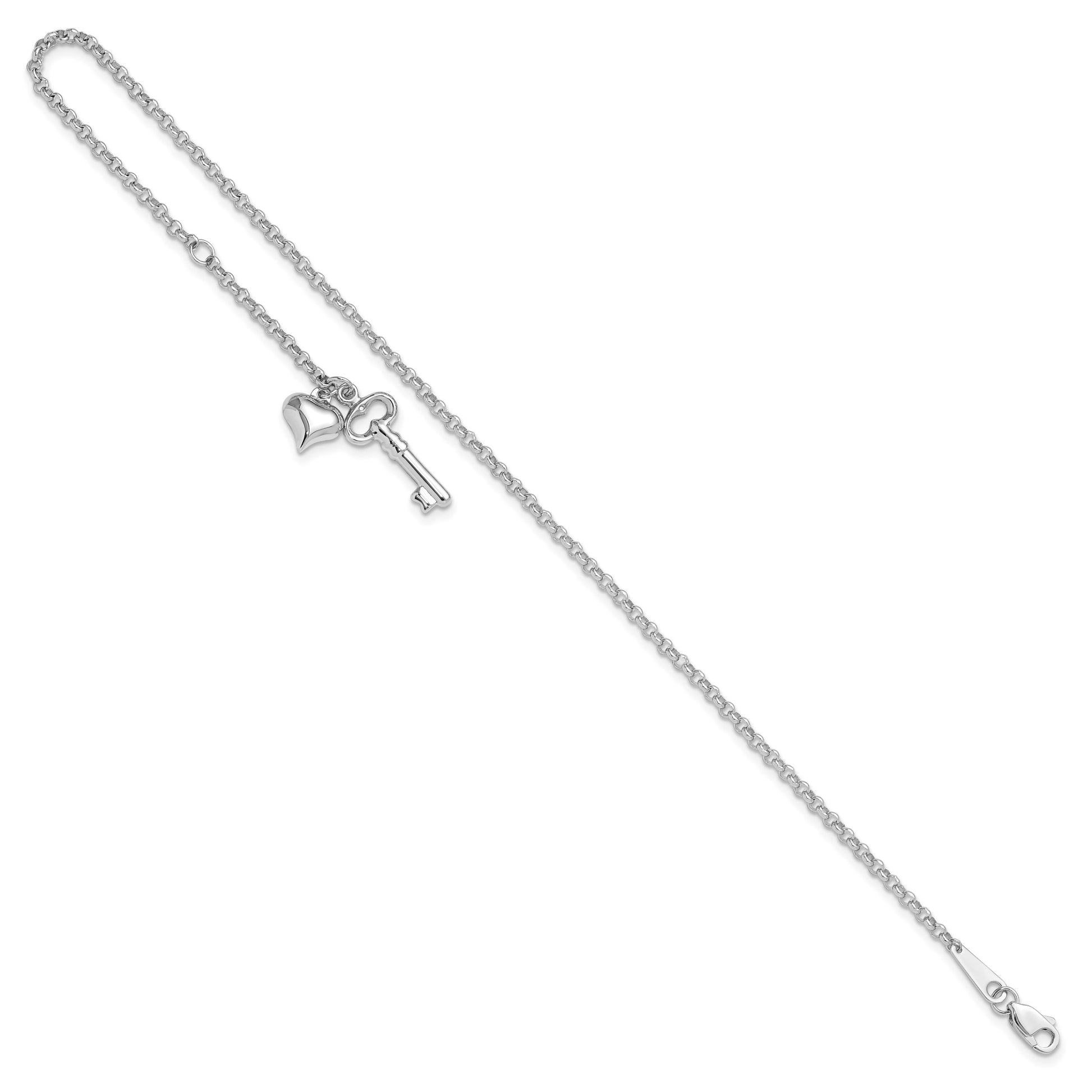 14k White Gold Cable Chain with Puffed Heart and Key Dangle 9 inch Plus 1 inch Extender - Total 10 inch Anklet