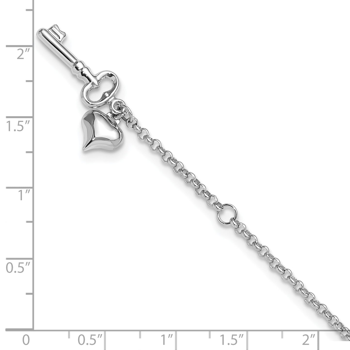 14k White Gold Cable Chain with Puffed Heart and Key Dangle 9 inch Plus 1 inch Extender - Total 10 inch Anklet