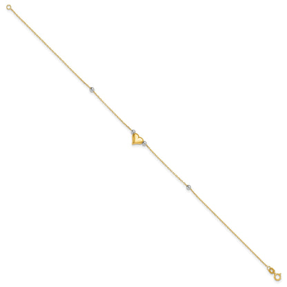 14k Two-tone Polished Puffed Heart with Beads 10 inch Anklet