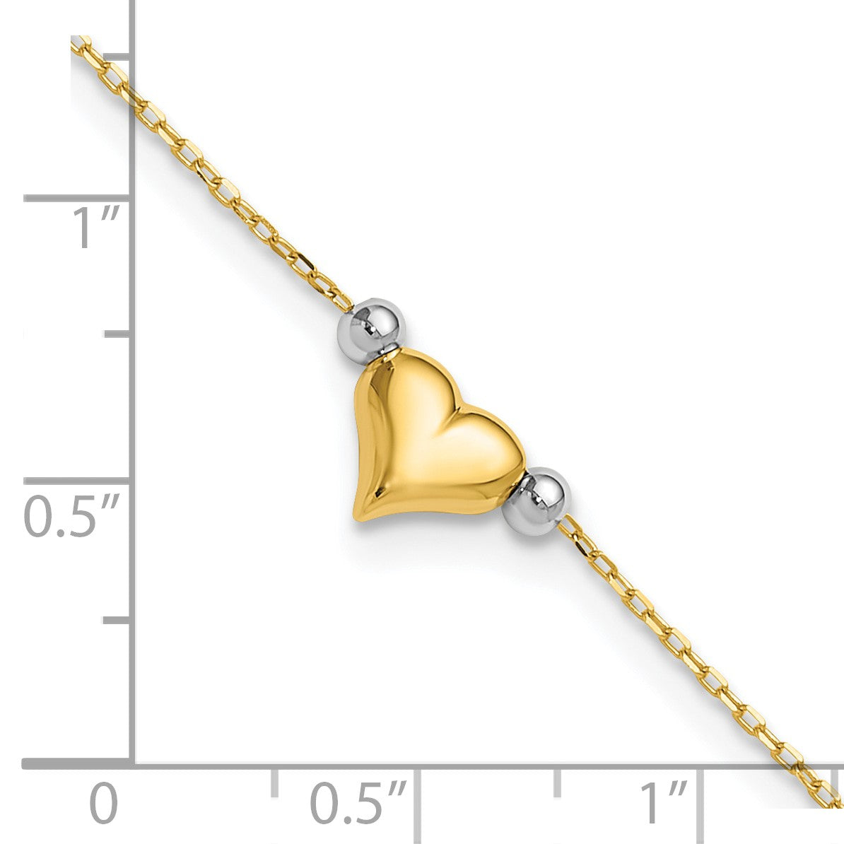 14k Two-tone Polished Puffed Heart with Beads 10 inch Anklet