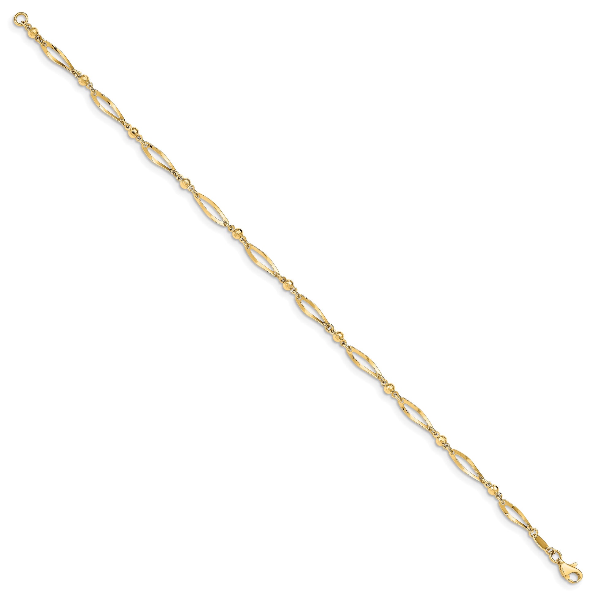14k Polished Twisted Oval and Mirror Beads 9 inch Anklet