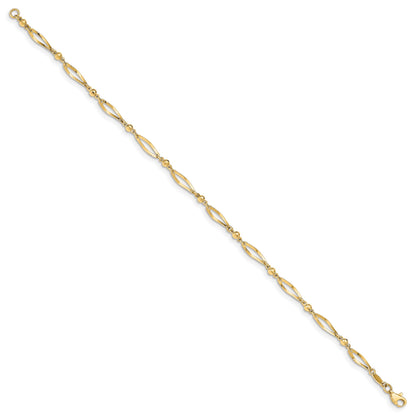 14k Polished Twisted Oval and Mirror Beads 9 inch Anklet