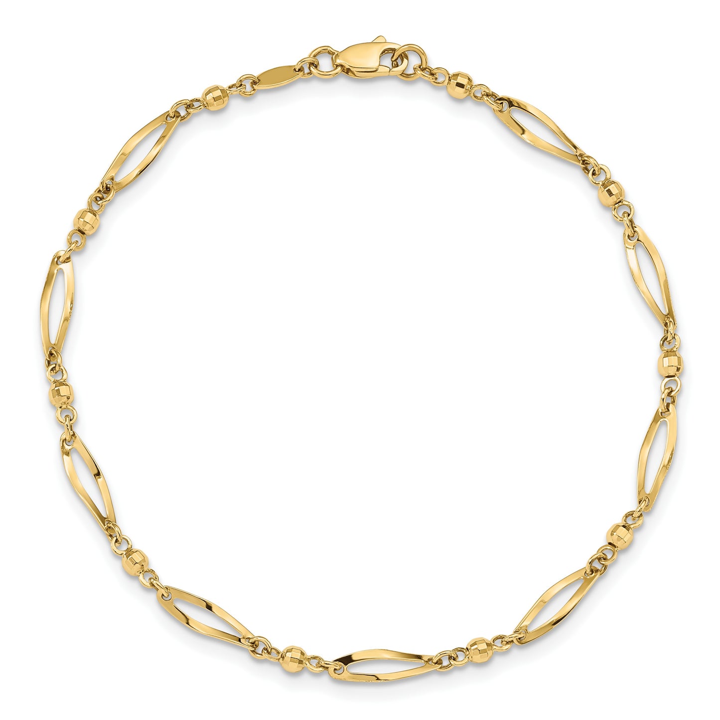 14k Polished Twisted Oval and Mirror Beads 9 inch Anklet