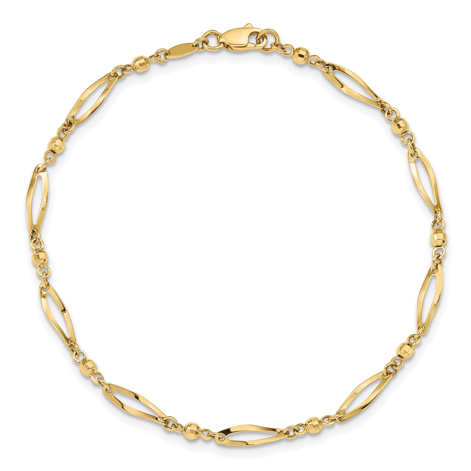 14k Polished Twisted Oval and Mirror Beads 9 inch Anklet
