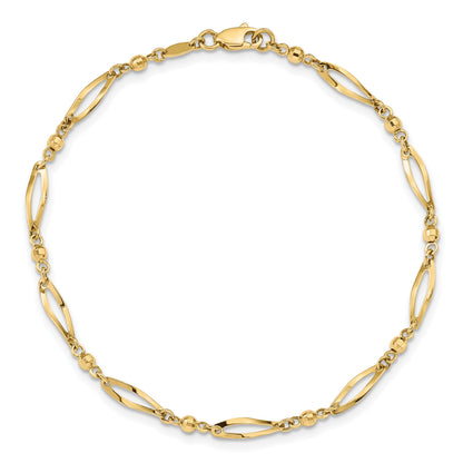 14k Polished Twisted Oval and Mirror Beads 9 inch Anklet