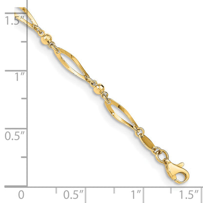 14k Polished Twisted Oval and Mirror Beads 9 inch Anklet