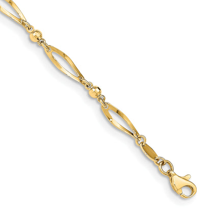 14k Polished Twisted Oval and Mirror Beads 9 inch Anklet