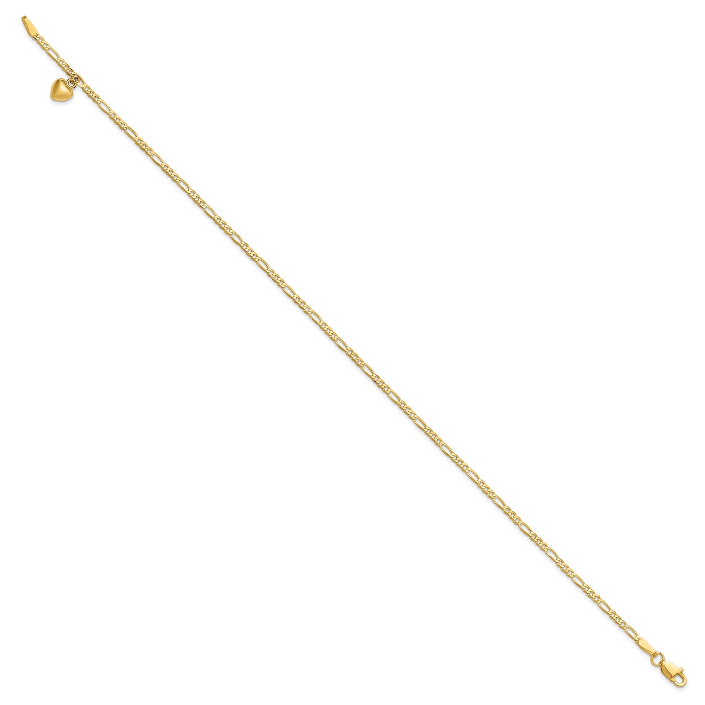 14k Figaro Link Chain with Dangling Puffed Heart 10 inch Anklet
