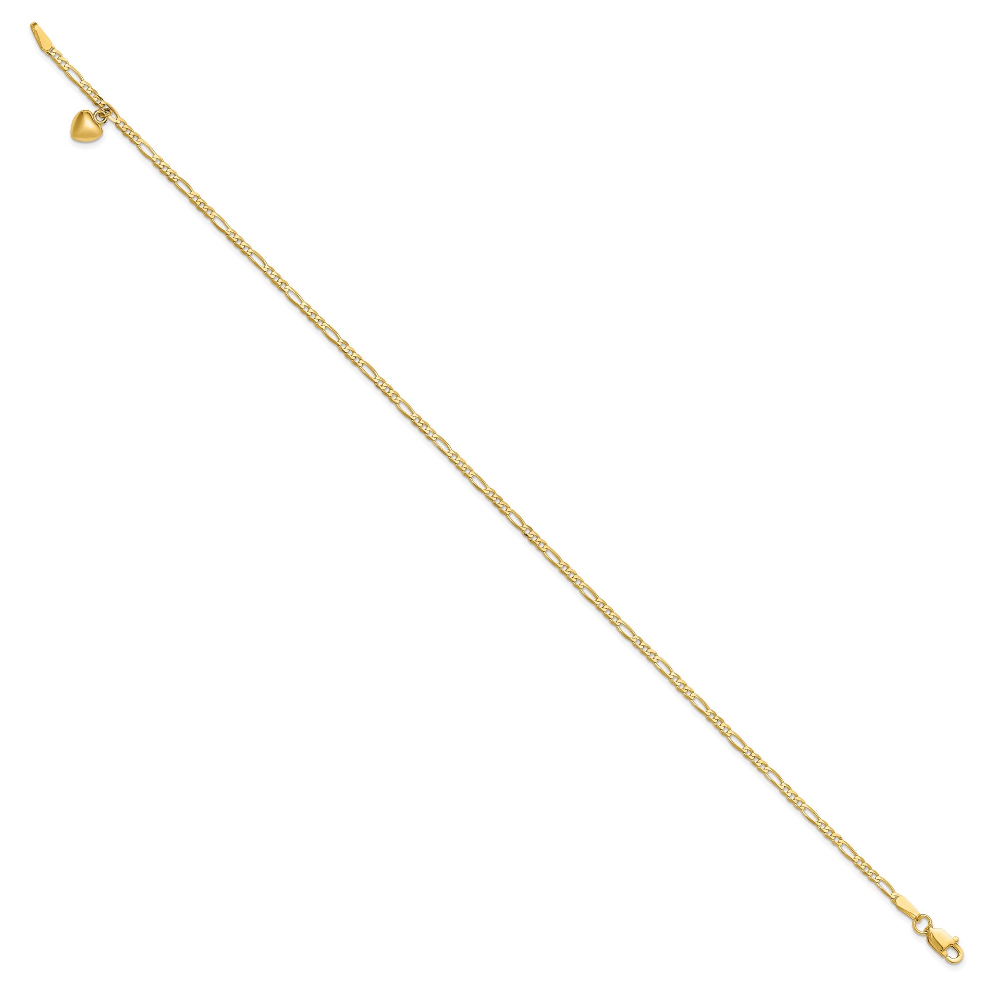14k Figaro Link Chain with Dangling Puffed Heart 10 inch Anklet