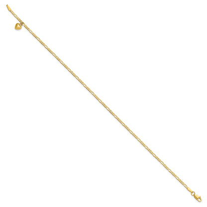 14k Figaro Link Chain with Dangling Puffed Heart 10 inch Anklet