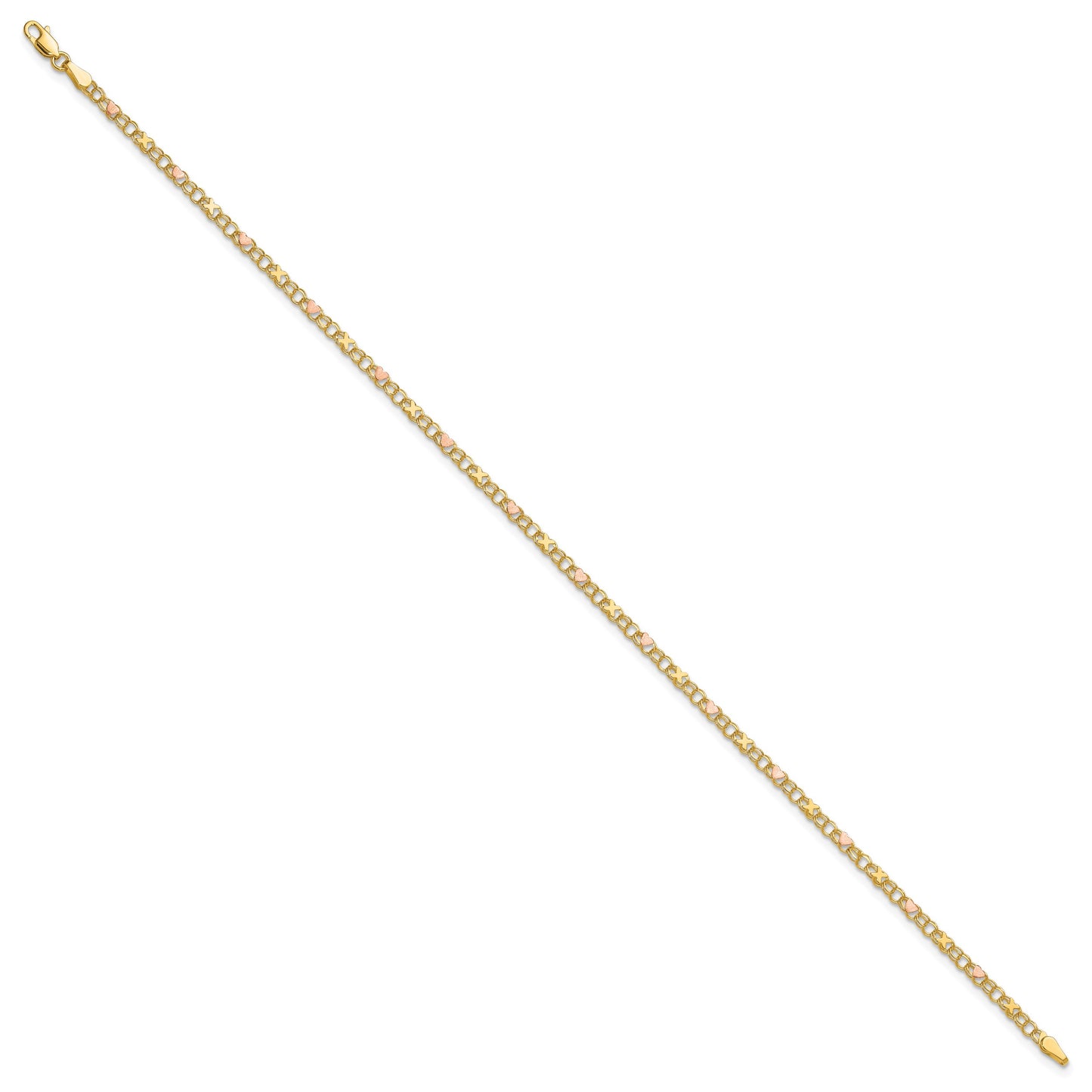 14k Polished and Satin Rose-plated X-and-Heart 9 inch Anklet