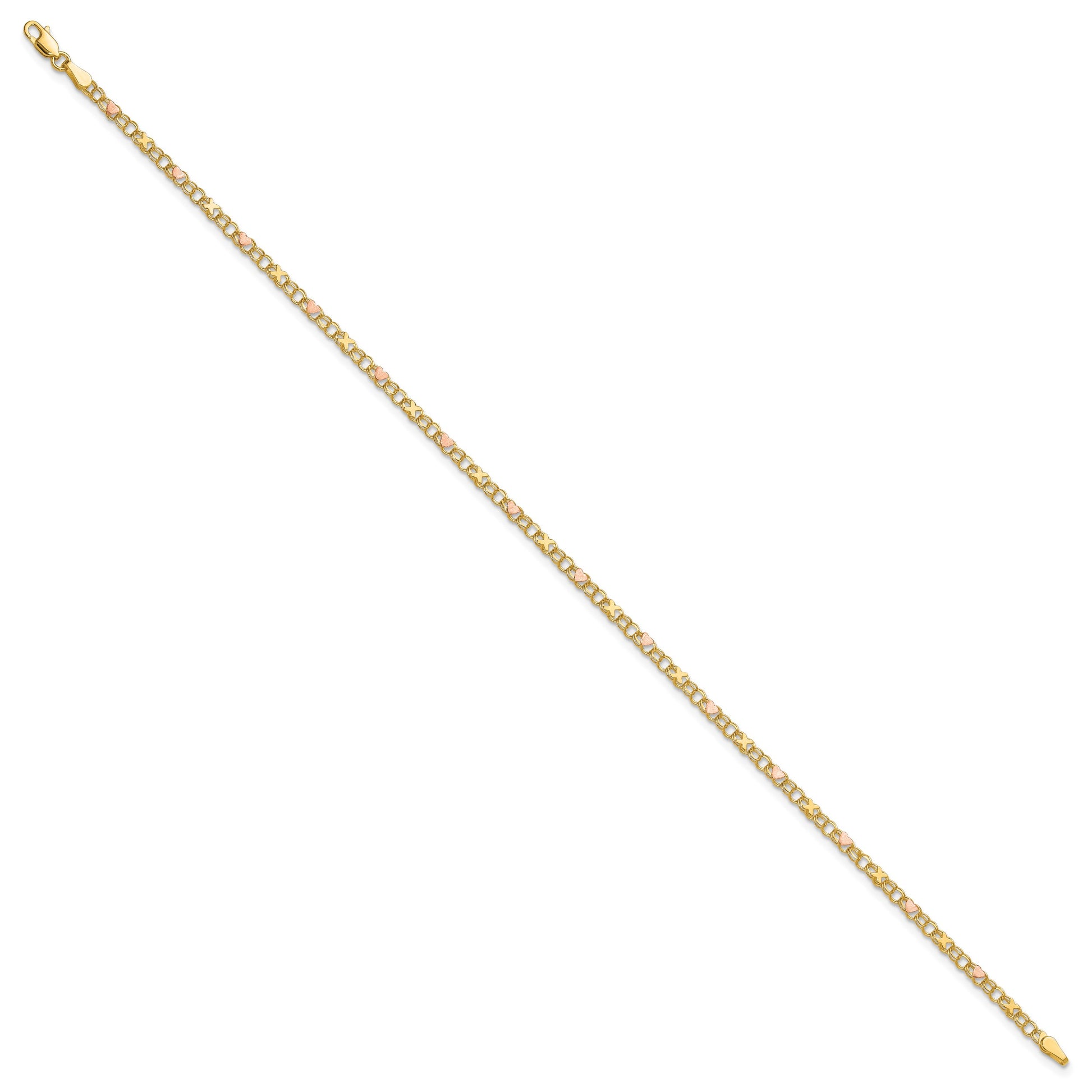 14k Polished and Satin Rose-plated X-and-Heart 9 inch Anklet