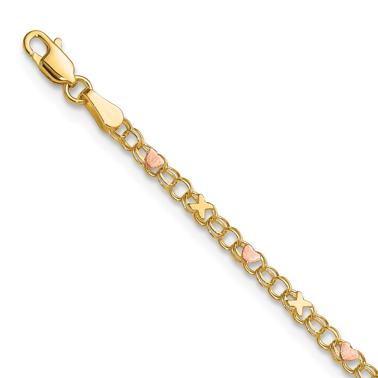 14k Two-tone X-and-Heart Double Link 7 inch Charm Bracelet