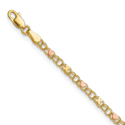 14k and Rose Rhodium X and Hearts 5.5 inch Childs Bracelet