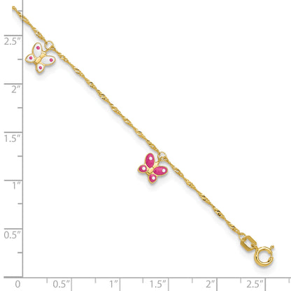 14k Pink and White Enameled Butterfly Dangles 9 inch Plus 1 inch Extender - Total 10 inch Anklet
