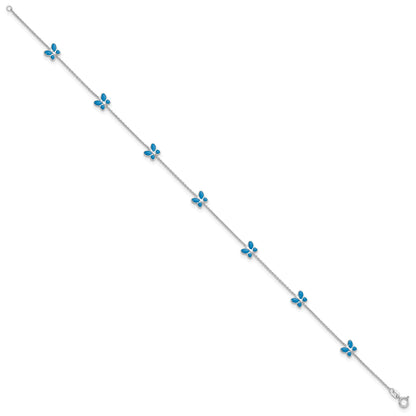 14k White Gold Blue Enameled Butterflies 7-Station 10 inch Anklet