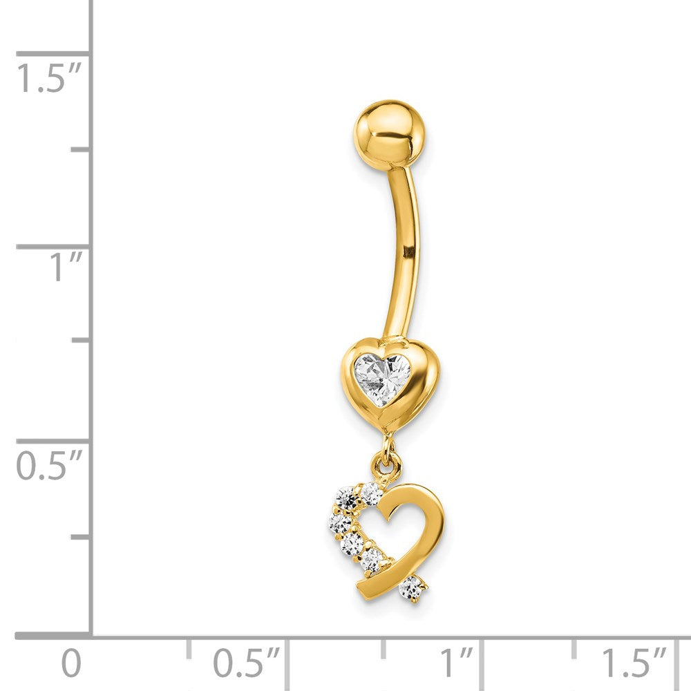 14k 14 Gauge CZ 2-Hearts Dangle Belly Ring