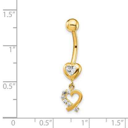 14k 14 Gauge CZ 2-Hearts Dangle Belly Ring