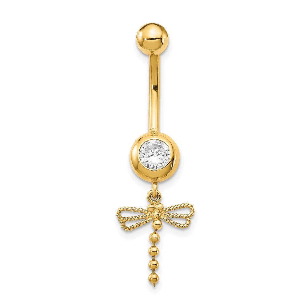 14k 14 Gauge CZ Dragonfly Dangle Belly Ring