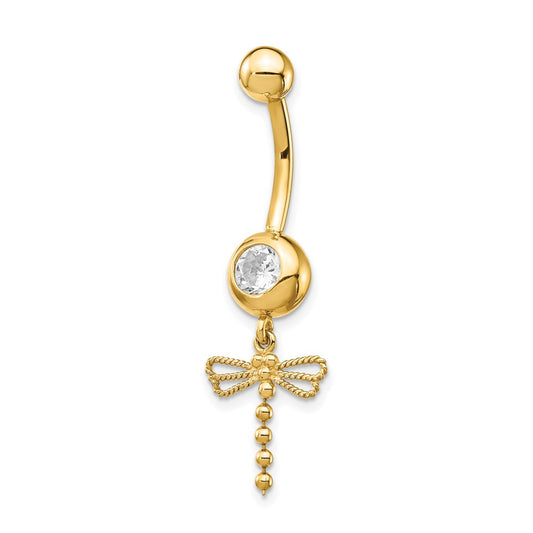 14k 14 Gauge CZ Dragonfly Dangle Belly Ring