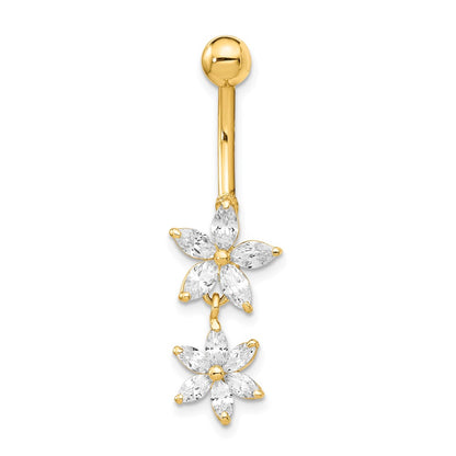 14k 14 Gauge CZ 2-Flower Dangle Belly Ring